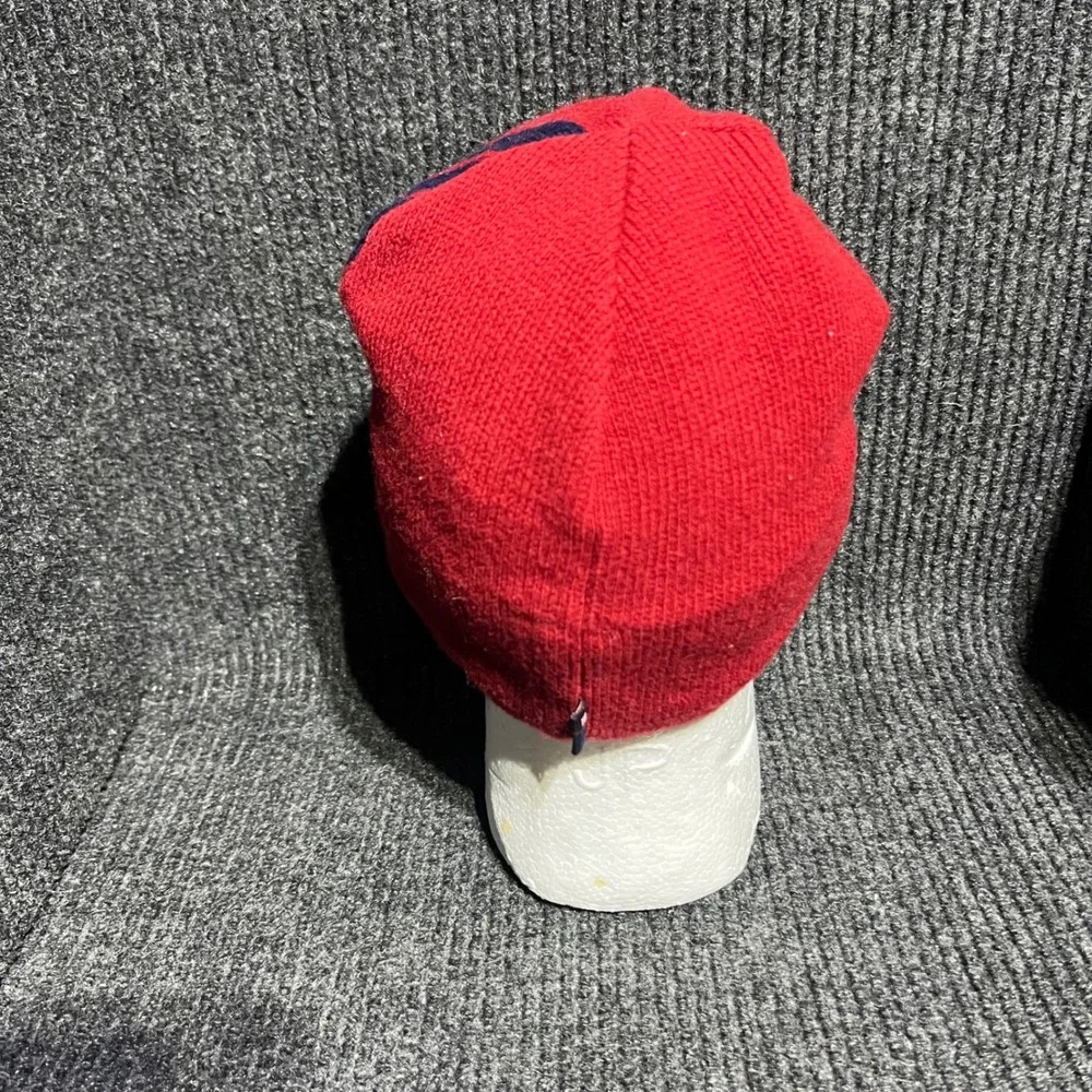 Vintage Polo Sport Beanie Mens OSFM Red Navy Blue Lambswool Fleece Lined Stripe